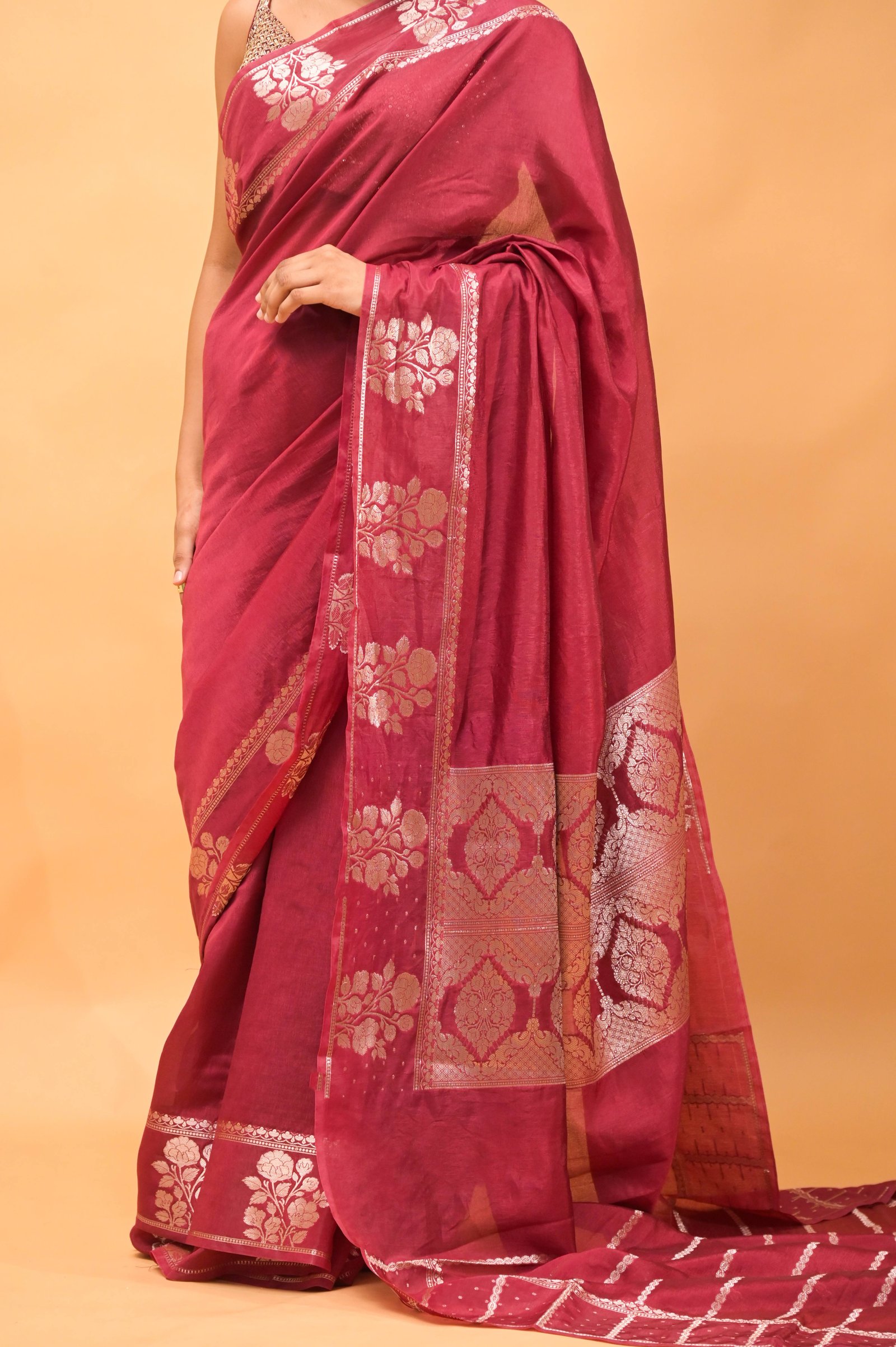 Maroon Tussar Silk Saree with Golden Floral Zari Work